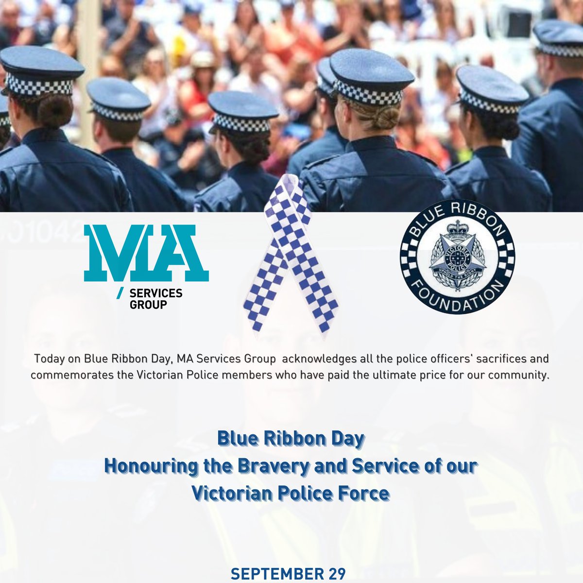On this #BlueRibbonDay and #NationalPoliceRemembranceDay , @MAServicesGroup thanks all members of @VictoriaPolice who relentlessly keep #Victoria safe & remember those who made the ultimate sacrifice to protect our community. #BlueRibbonDay2021 #BRD2021 #maservicesgroup #MASG
