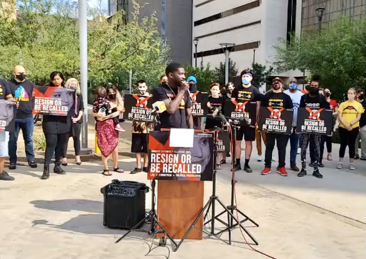 As soon as I finished teaching today, I made a mad dash from my classroom to stand with <a href="/masslibaz/">Mass Liberation Arizona</a> &amp; many others calling on the resignation of <a href="/AllisterAdel/">Allister Adel</a> for showing generations of AZ families that she is corrupt &amp; unreliable. #EndPoliticalProsecutions #DropAdel
