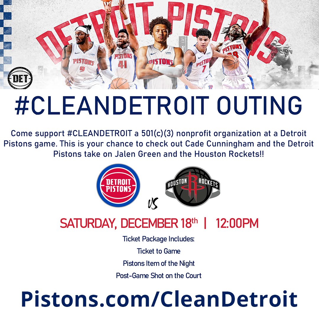 Clean_Detroit's tweet photo. Come support the #DetroitPistons and #CleanDetroit at the December 18th game against the #HoustonRockets! The ticket package includes: Ticket to the Game, Pistons Item of the Night and Post-Game Shot on the Court. Purchase your tickets at: https://t.co/724WvXJ0fR #detroit #nba https://t.co/juIRCGSaeb