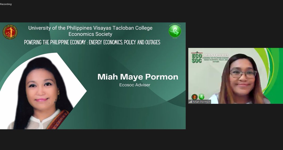 uptcecosoc's tweet photo. LOOK: UPVTC EcoSoc Adviser Prof. Miah Maye Pormon gives her opening remarks to formally commence the Economics Society webinar with the theme, “Powering the Philippine Economy: Energy Economics, Policy, and Outage.”
#EnergyEconomics #ECOSOCwebinar #PHowerUP https://t.co/cN6M47s2xL