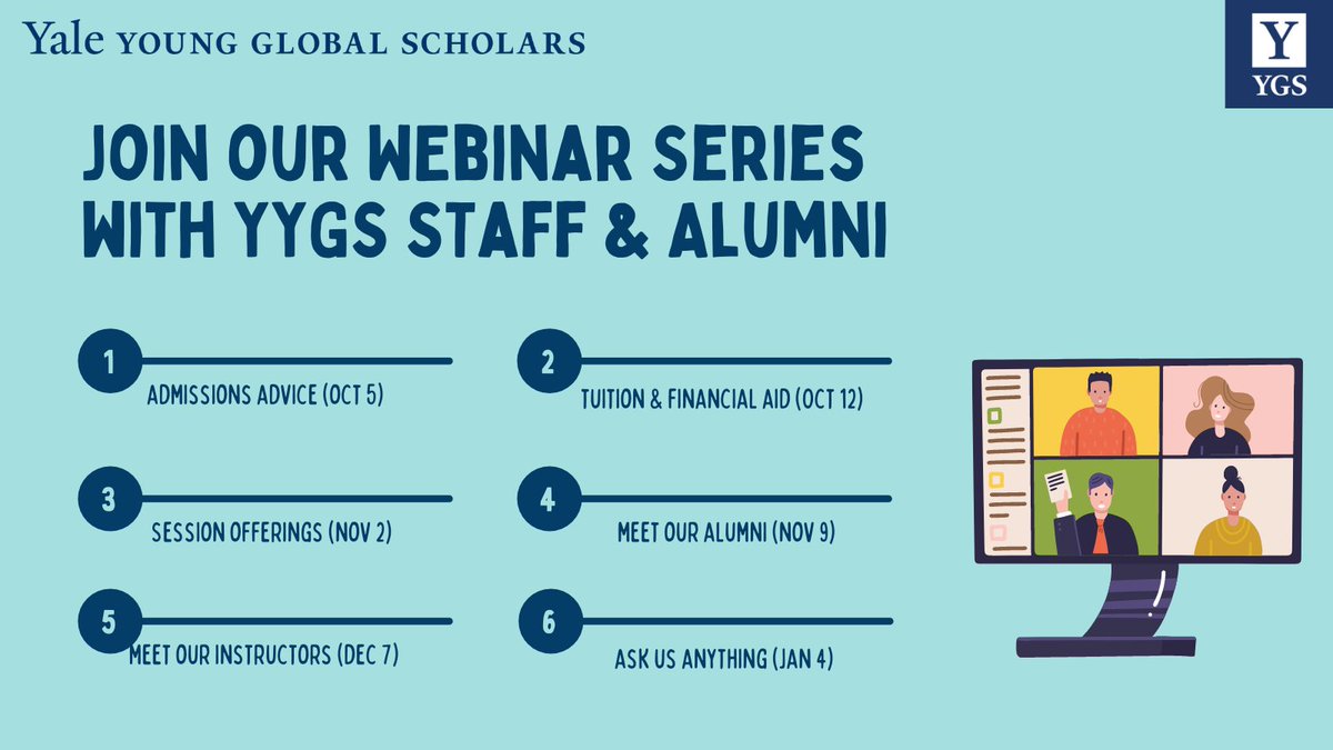 yaleygs's tweet photo. Are you eligible for YYGS financial aid? Which academic track suits you best? What is our program REALLY like? Join our webinar series and meet YYGS staff who will answer these questions and more! Register here: https://t.co/chDXjnuasI 🙃 #yalesummer #highschool #financialaid https://t.co/GHoWzGTAFI
