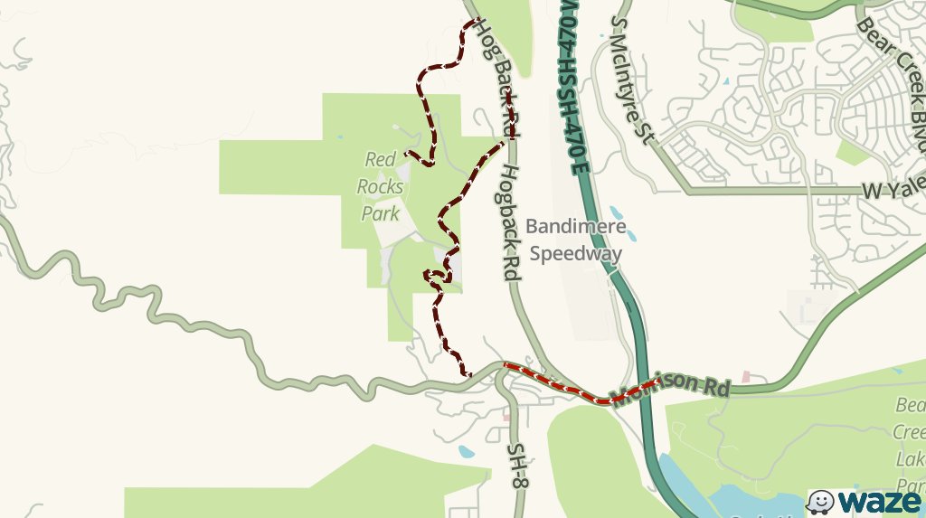 WazeTrafficDen's tweet photo. UPDATE: Red Rocks Park Rd should still be avoided. Wait times 20m more than avg #DENTraffic https://t.co/QHo7MD7Ddt https://t.co/cpuDe2gQBs