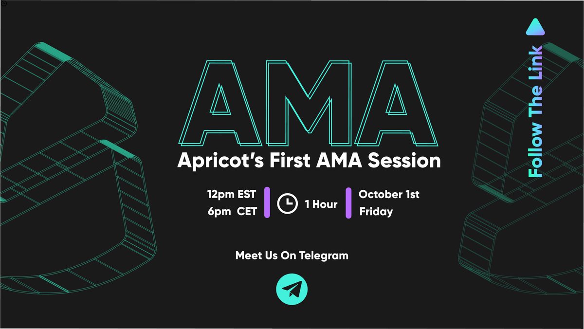 We are all excited to hear out and respond to your questions regarding Apricot🍑, this Friday with our first live AMA.

What would you like to ask us?

📆When : October 1st, Friday
📍Where : t.me/ApricotOfficial
⏳Time : 12pm EST | 6pm CET

#Solana #DeFi