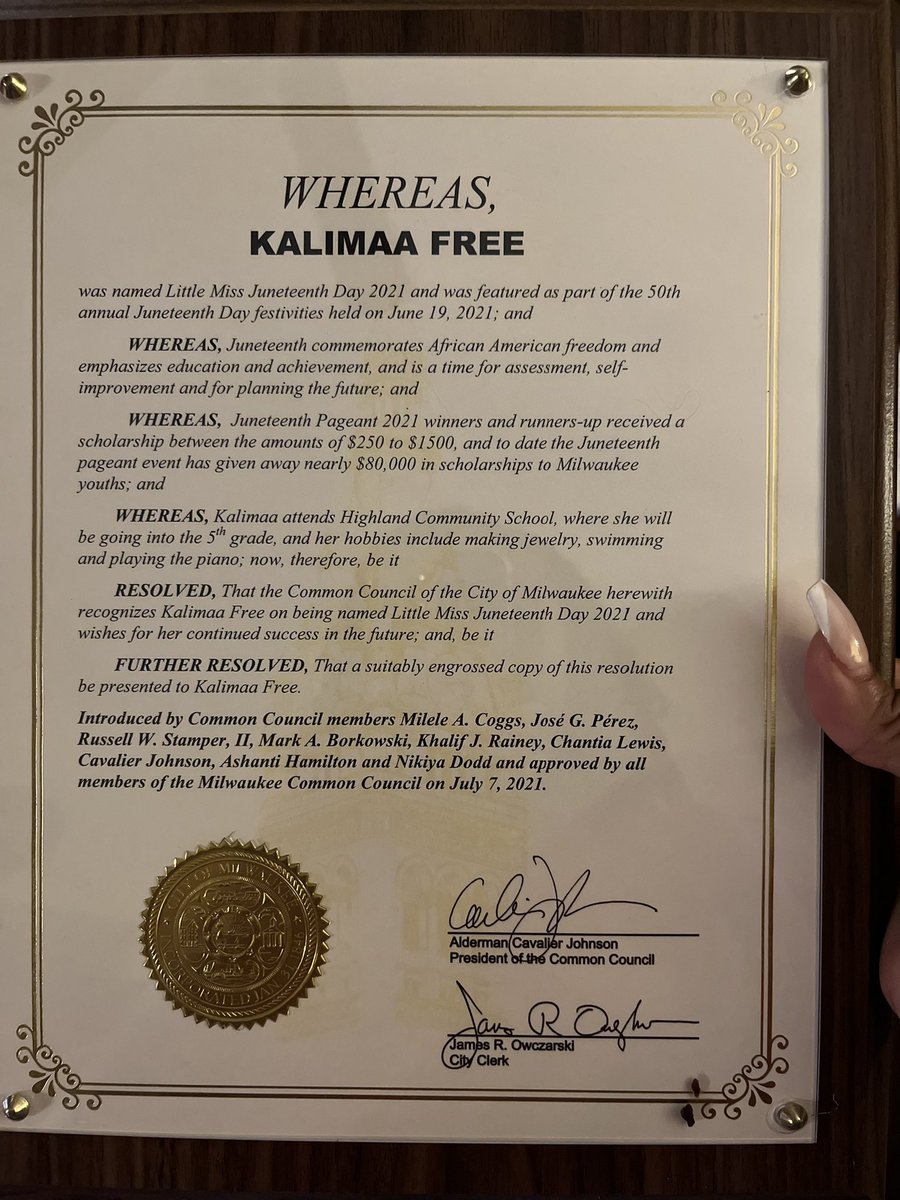 CherneyAmharaTV's tweet photo. One of the coolest kids I know! Little Miss Juneteenth with her plaque from @cityofmilwaukee… I finally got to see it! #MKEKids https://t.co/L0jSimfEjM