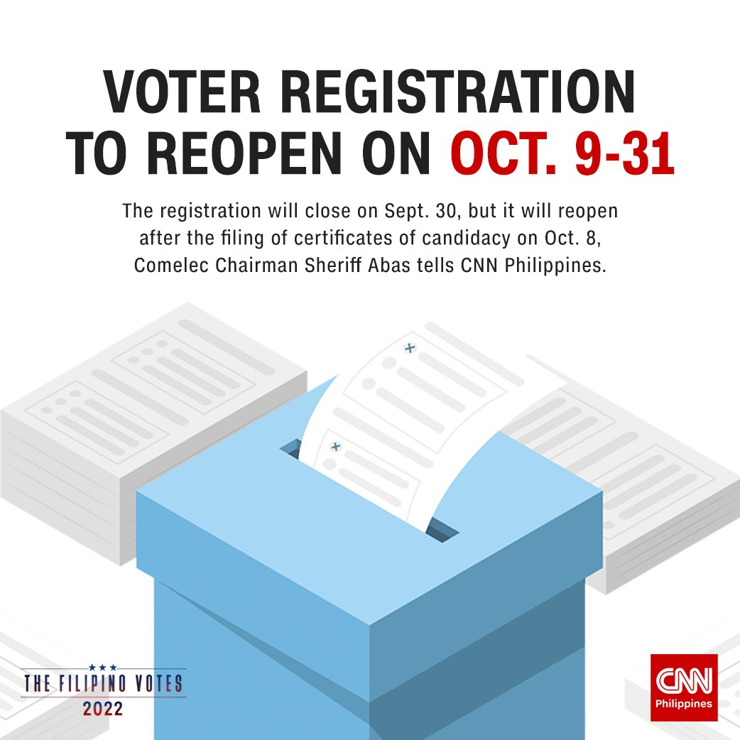newswatchplusph's tweet image. Heads up! 🗳️ #TheFilipinoVotes

Voter registration will be extended for three more weeks beginning Oct. 9, Comelec tells CNN Philippines' The Source. The formal announcement of the en banc is expected within the day bit.ly/3zQkDDC