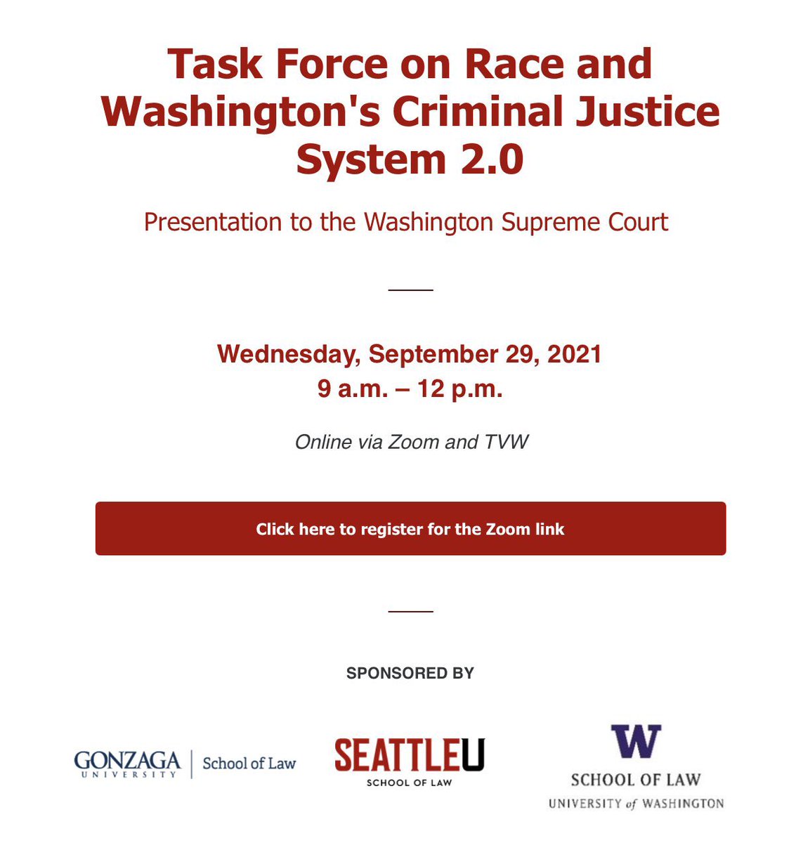 HawkJaime's tweet photo. Join us tomorrow morning for the Race and CJ Task Force 2.0 Symposium to the WA Supreme Court @WACourts. It’s been a pleasure to organize the symposium with the Korematsu Center and I’m excited to moderate one of the panels. Please join webinar or view @TVWnews. https://t.co/F8rJNMLXMD