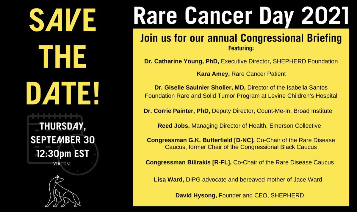Sept 30 @SHEPHERDFound #RareCancer Day Congressional Briefing @GKButterfield @RepGusBilirakis #patients #advocates #researchers to discuss need 4 #moleculardiagnostics for ALL #Cancer patients bit.ly/3zzAlTr @broadinstitute @LisaWardspeakup @LevineChildrens @EmCollective