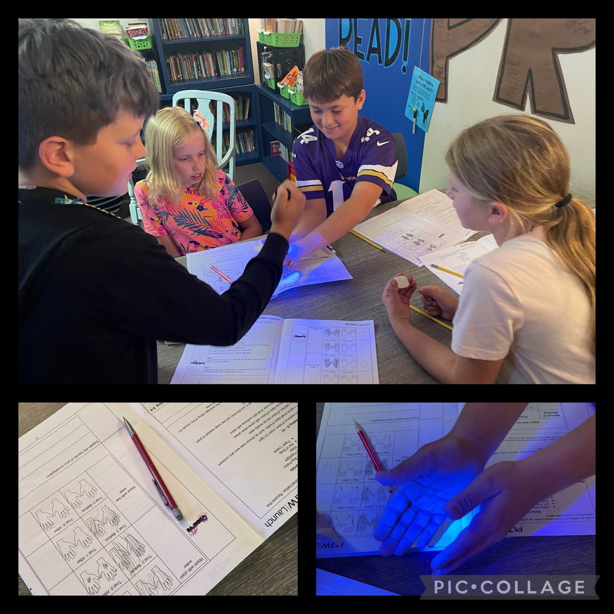 4th grade detectives investigated whether plain water or soap would remove the glow germ from our hands during our experiment today  #theMESway #PLTW #InfectionDetection
