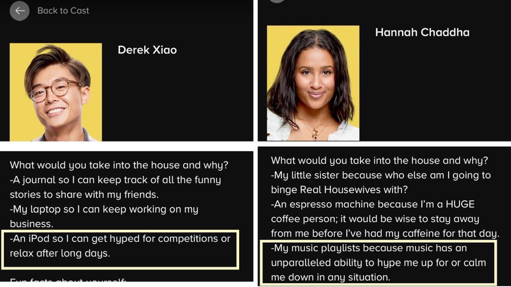 PinnacleCat's tweet photo. Since BB23 is almost over, went back &amp; read the CBS cast bios. Noticed that from the start Hannah &amp; DX already have some similarities to ea other. Meant to be? They’re the only ones who mention music in this way. 

I know, I know, its reaching.😆 #BB23 #BBHannah #BBDerekX https://t.co/vjg6z6vlVQ