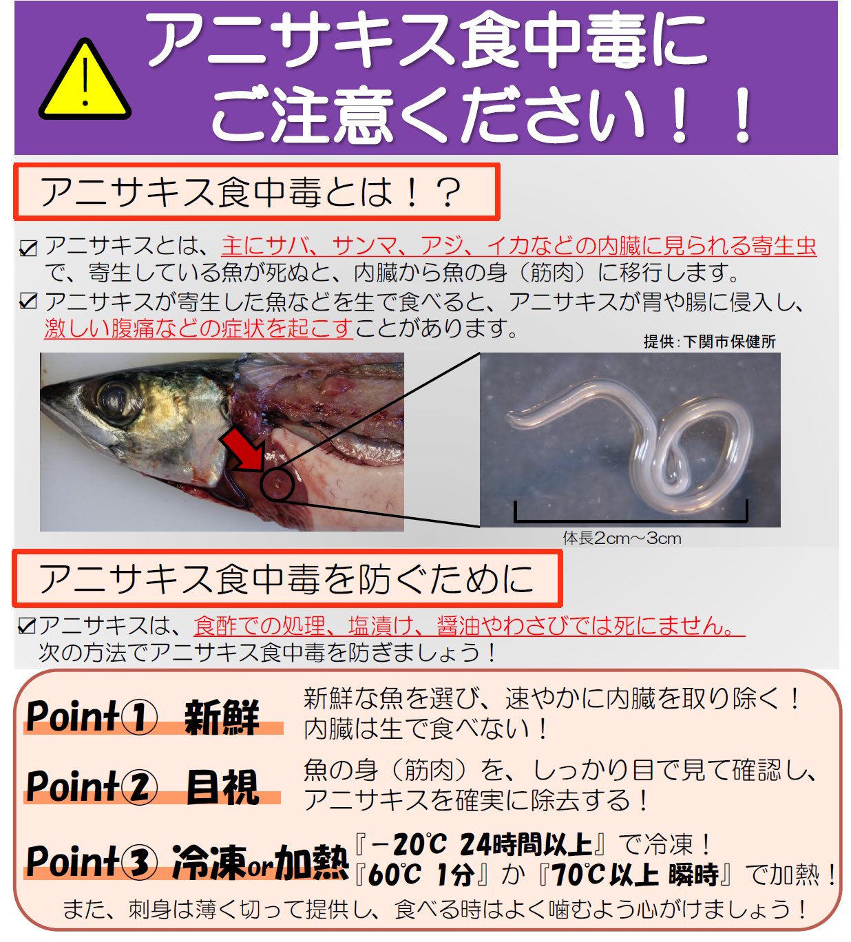 なすこ 食品安全 安心学習センター Pa Twitter なすこ だよ もうすぐサンマやサバがおいしい季節 食べるときには アニサキス食中毒 に気を付けてね 新鮮な魚を選んで速やかに内臓を取り除くこと 魚の身を目視で確認しアニサキスを取り除くこと 冷凍 加熱