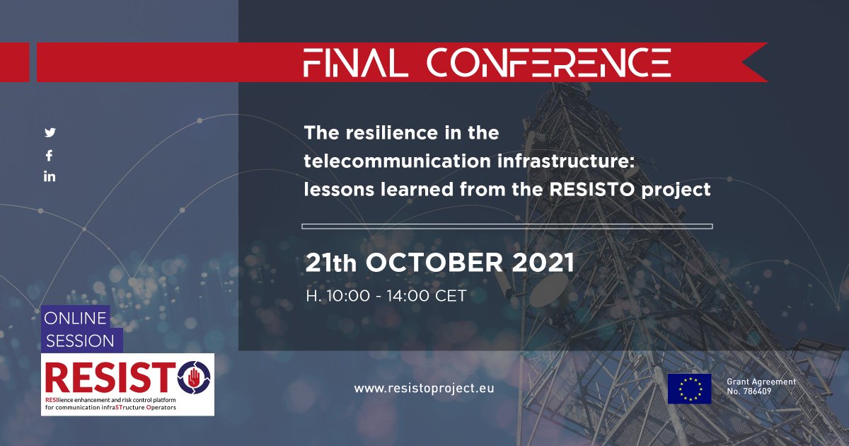 🆕 RESISTO Final Conference
📅 21/10 ⏰10.00 - 14.00 CET 👇
The end of the ##RESISTO project is rapidly approaching and the RESISTO team is organising an online final event to disseminate the main findings of the #project.
--
Info &amp; Free registration ▶️ bit.ly/3F01eE8