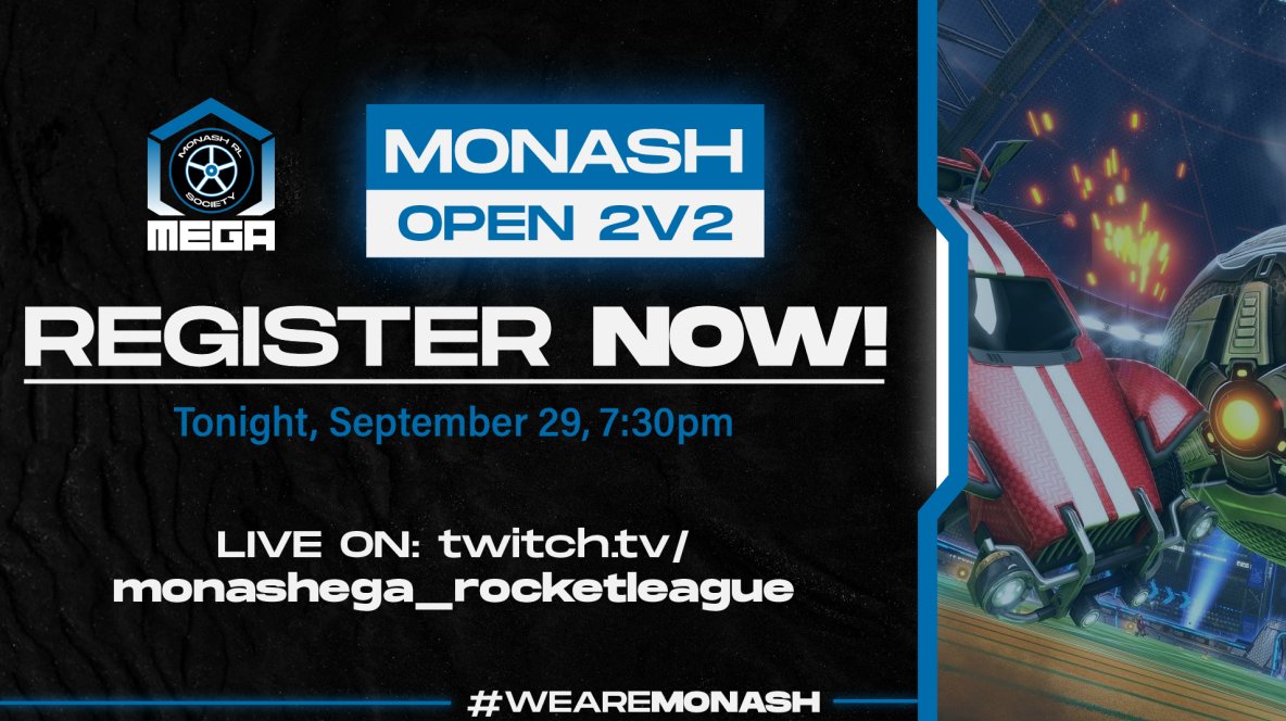 We're back with another classic 2v2! Find a friend and register for tonight's tournament. Open to all OCE RL players. 

Sign up: smash.gg/tournament/mrl…

Live at 8:00PM: twitch.tv/monashega_rock…
