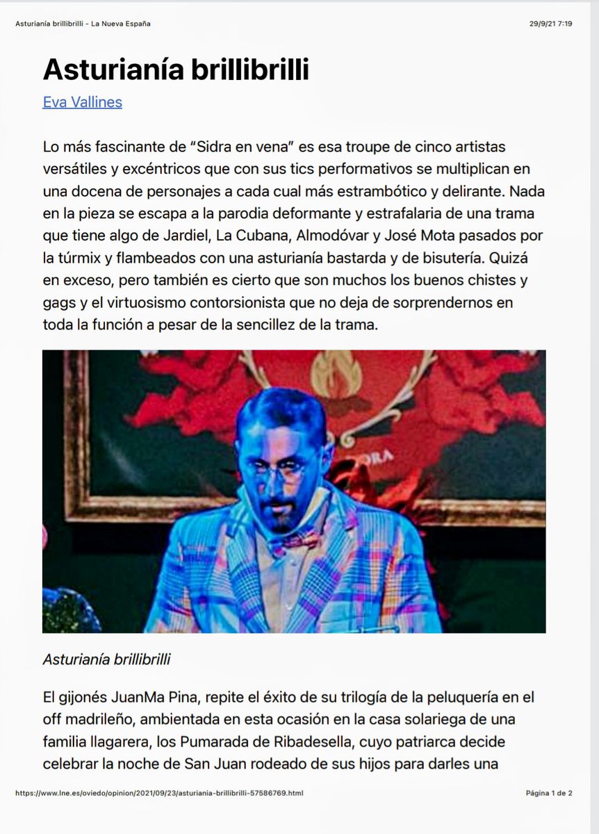 teretesanchez68's tweet photo. Crítica cultural de #EvaVallines en @lanuevaespana de la obra de @JuanMaPina @Es_Montgomery "Sidra en Vena" en su paso por #TeatroFilarmonica Fiestas de #SanMateo de @aytoviedo 
Eso sí, las grandes actrices que estuvieron en Oviedo son las magníficas @guerreroraquel e #InmaIsla!! https://t.co/I8gdr0W5hb
