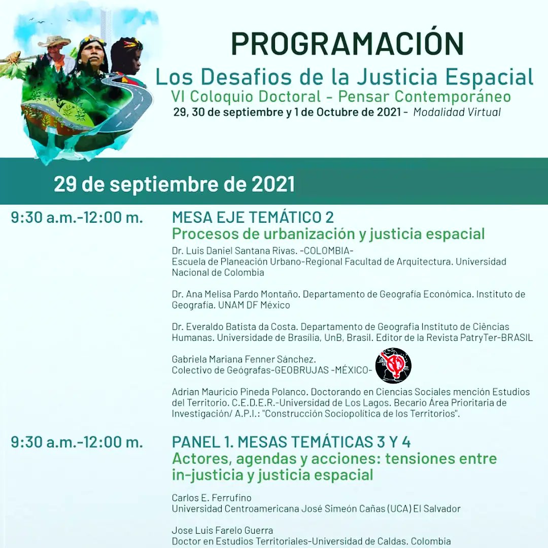 GeoBrujas's tweet photo. #GeoBrujas presentes en el IV Coloquio: Pensar contemporáneo. Los desafíos de la #justiciaespacial. 29 y 30 sept, 1ero Oct. Horarios Colombia-Mx. *Acceso a mesas: https://t.co/NvVSkOy2f7 https://t.co/zqA4N21Ucm