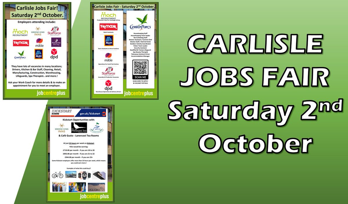 Carlisle Jobs Fair This Saturday

🗓️Saturday 2nd October
📌Carlisle Jobcentre Plus

Speak to your Work Coach to book an appointment with an employer

#Carlisle #PlanForJobs #Kickstart