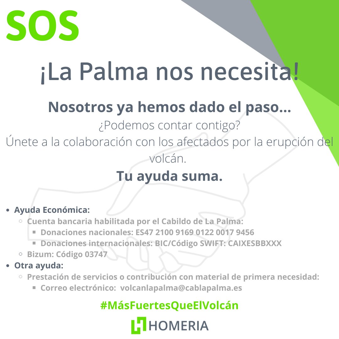La naturaleza sigue actuando y todos los vecinos de La Palma necesitan ayuda para poder recuperar sus vidas lo antes posible.
Nosotros ya nos hemos unido a la iniciativa de <a href="/CabLaPalma/">Cabildo de La Palma</a> para canalizar la ayuda.
¿Te sumas?
#masFuertesQueElVolcan #homeria