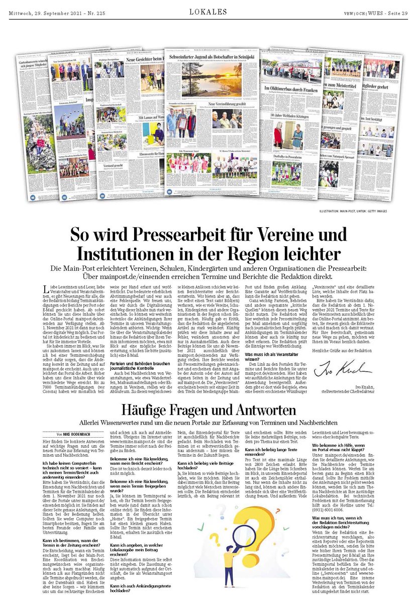 Heute starten wir gleich zwei neue Portale, über die Vereine, Schulen, Kindergärten und andere Organisationen uns Termin-Ankündigungen und Nachberichte zukommen lassen können. Alle Infos dazu gibt es hier: mainpost.de/einsenden <a href="/mainpost/">mainpost</a>