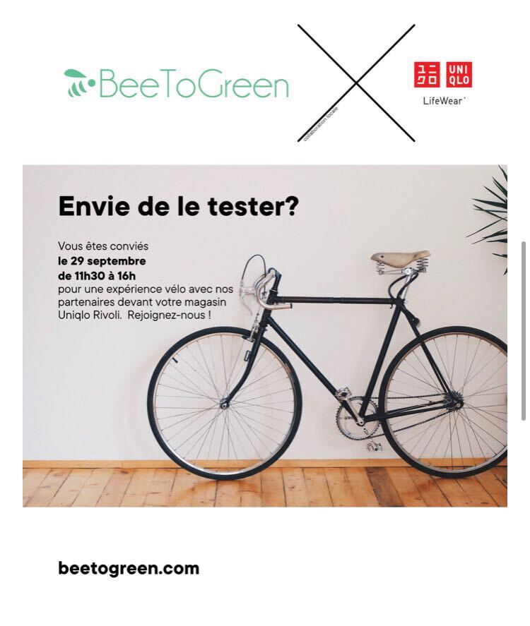 BeeToGreen2's tweet photo. #BeeToGreen vous propose une sélection de vélos à tester chez @UNIQLO_France à la Samaritaine ! 

Un test ouvert aux salariés Uniqlo et à tous les clients du magasin !

C'est aujourd'hui à partir d'11h30 ! https://t.co/xk1MXF5hb5