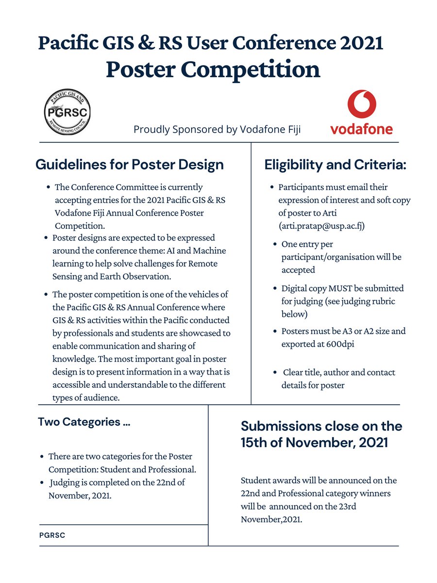 PacificGISnRS's tweet photo. The Conference Committee is currently accepting entries for the 2021 Pacific GIS &amp; RS Vodafone Fiji Annual Conference Poster
Competition.

Submissions close on the 15th of November, 2021.
@VodafoneFJ #PacificGISnRS https://t.co/69Bb5zqnEo