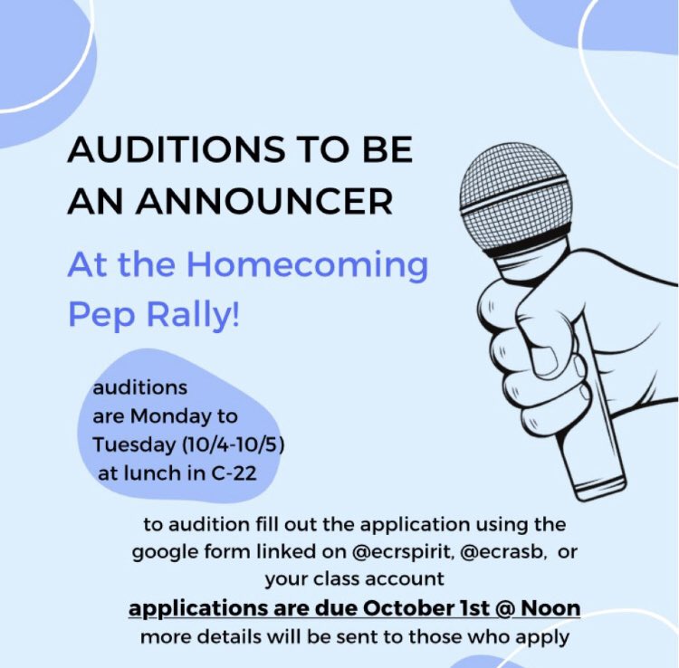 asb_ecr's tweet photo. Want to be the announcer at the homecoming pep rally? Then audition on Monday and Tuesday at lunch(10/4-10/5) at C-22! Click the link to apply. Applications are due October 1st. https://t.co/DytGAMMufF https://t.co/e1ZTOedonB