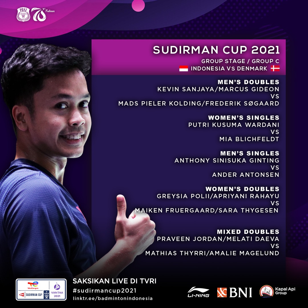 INABadminton's tweet photo. Indonesia vs Denmark, penentuan juara grup C. Semangat Merah-Putih! 🔥

Mulai pukul 10.00 waktu setempat atau pukul 14.00 WIB. Live di TVRI.

#BadmintonIndonesia #SudirmanCup2021 #SudirmanCup #indonesiabisaindonesiajuara https://t.co/KG7c2eZ1KI