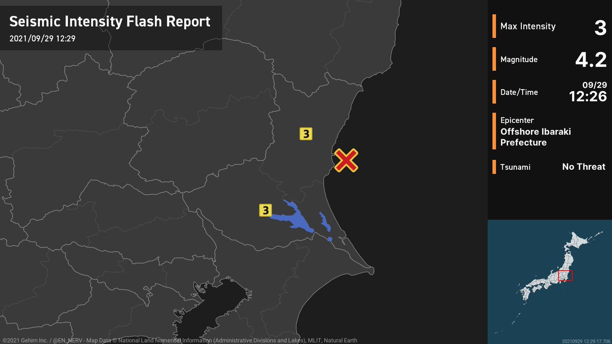 Earthquake Flash Report – 9/29
At around 12:26pm, an earthquake with an estimated magnitude of 4.2 occurred offshore Ibaraki Prefecture at a depth of 50km. There is no threat of a tsunami. #earthquake https://t.co/zoG38vu093