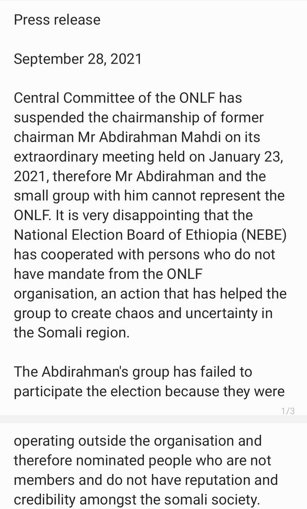 SRS_President's tweet photo. ONLF Central Committee Press release 
September 28, 2021 

Central Committee of the ONLF has suspended z chairmanship of former chairman Mr Abdirahman Mahdi on its extraordinary meeting held on January 23, 2021, therefore Mr Mahdi &amp; z small group with him cann't represent z ONLF. https://t.co/WawquTYBid