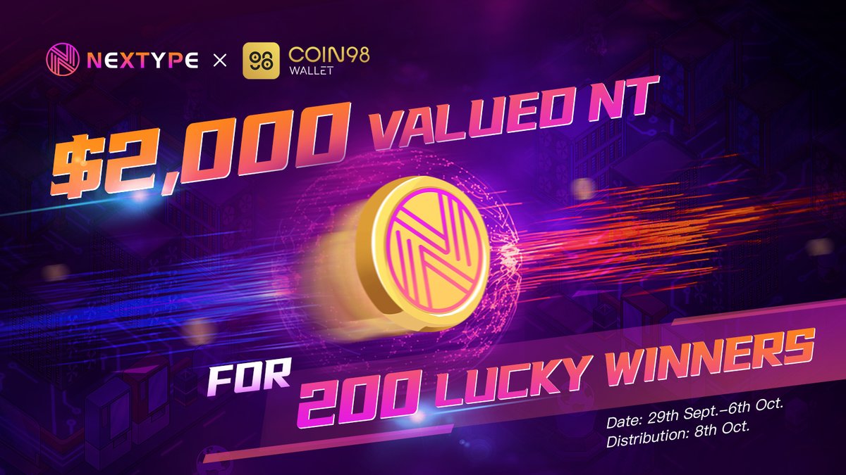 📣#NEXTYPE $2,000 valued $NT #Airdrop with Coin98 <a href="/coin98_wallet/">Coin98 Super Wallet</a> 

1️⃣Follow <a href="/NEXTYPE1/">NEXTYPE</a> and <a href="/coin98_wallet/">Coin98 Super Wallet</a>
2️⃣Join t.me/nextypegroup &amp; t.me/coin98wallet
3️⃣Retweet, like &amp; tag 3 friends
4️⃣Submit the form: forms.gle/mAK6A9ZtyeosUh…

🎁200 lucky winners will win $10 NT each!