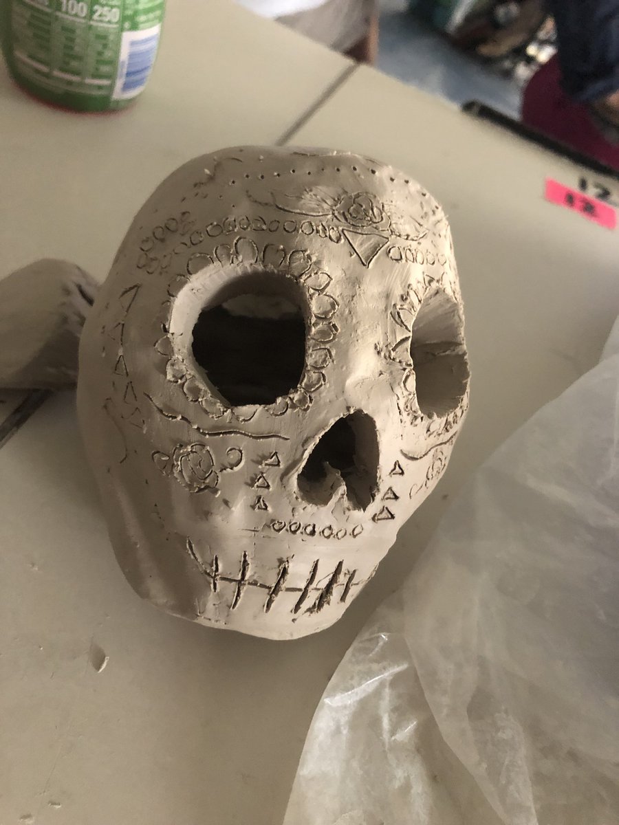 Ms_Landsbach's tweet photo. Ceramics 1 students creating lidded vessels from 2 pinch pots! Well done Katerinne, Kimberly, Lucas, and Jalissa! #ehhs #ceramics #pinchpot #doublepinchpot #pineapple #sugarskull #dinosaurs #snake Student’s signatures will be stamped on the bottom! #makersmarks https://t.co/78XkzEoXfu