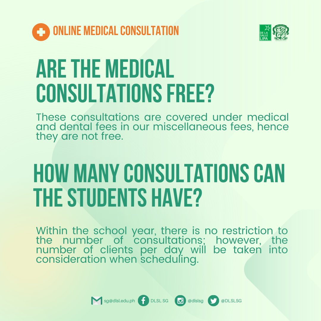 DLSLSG's tweet photo. Online medical consultation is now available to all Lasallians from 9:00 AM to 12:00 NN. The Institutional Health Services Office (IHSO) provides a virtual clinic which caters primary medical needs of the students. 

For more inquiries, kindly email ihs@dlsl.edu.ph https://t.co/QNJeit868b