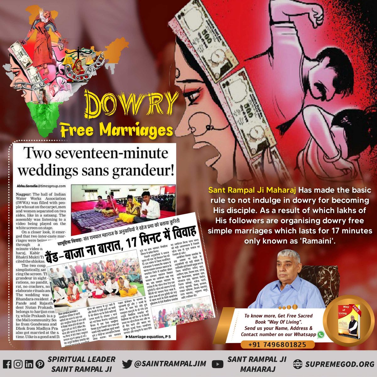 YatraSatlok's tweet photo. Sant Rampal Ji Maharaj Has made the basic rule to not indulge in dowry for becoming His disciple. As a result of which lakhs of His followers are organising dowry free marriages which lasts for 17 mins only known as'Ramaini'
#GodMorningWednesday
🎀Must Watch Sadhna TV🖥️at 7:30Pm https://t.co/0uOgt0Dfl6