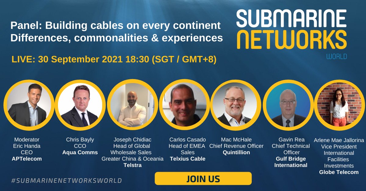 SubNetsWorld's tweet photo. At #SubmarineNetworksWorld tomorrow hear our panel discussion about building cables on every continent: #APTelecom #AquaComms #TelstraEnterprise #TelxiusCable #QuintillionSubsea #GlobeTelecom #GulfBridgeInternational Register here https://t.co/TNStH72R0a. https://t.co/ibrO2vcpWr