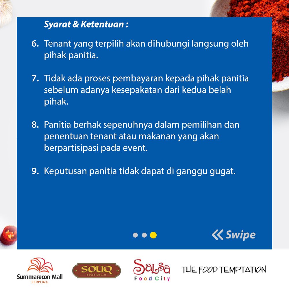 SummareconMallSerpong (@sms_serpong) on Twitter photo Ayo bergabung bersama kami!
Hi! Buat kamu yang punya usaha kuliner tradisional atau kekinian dan mau mengembangkan usahamu, Summarecon Mall Serpong membuka kesempatan untuk kamu menjadi bagiandari kami.
Untuk info detailnya, cek postingan diatas yaa!
<a href="/txtdaritng/">Si Paling Tangerang</a> <a href="/AboutTNG/">About Tangerang</a> Ayo bergabung bersama kami!
Hi! Buat kamu yang punya usaha kuliner tradisional atau kekinian dan mau mengembangkan usahamu, Summarecon Mall Serpong membuka kesempatan untuk kamu menjadi bagiandari kami.
Untuk info detailnya, cek postingan diatas yaa!
<a href="/txtdaritng/">Si Paling Tangerang</a> <a href="/AboutTNG/">About Tangerang</a>