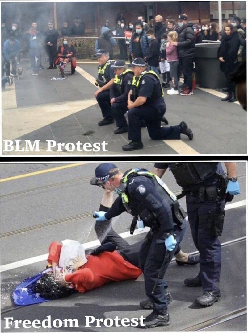 Police in Ballarat took the knee at BLM protest vs a freedom protest #VicPoliceViolence