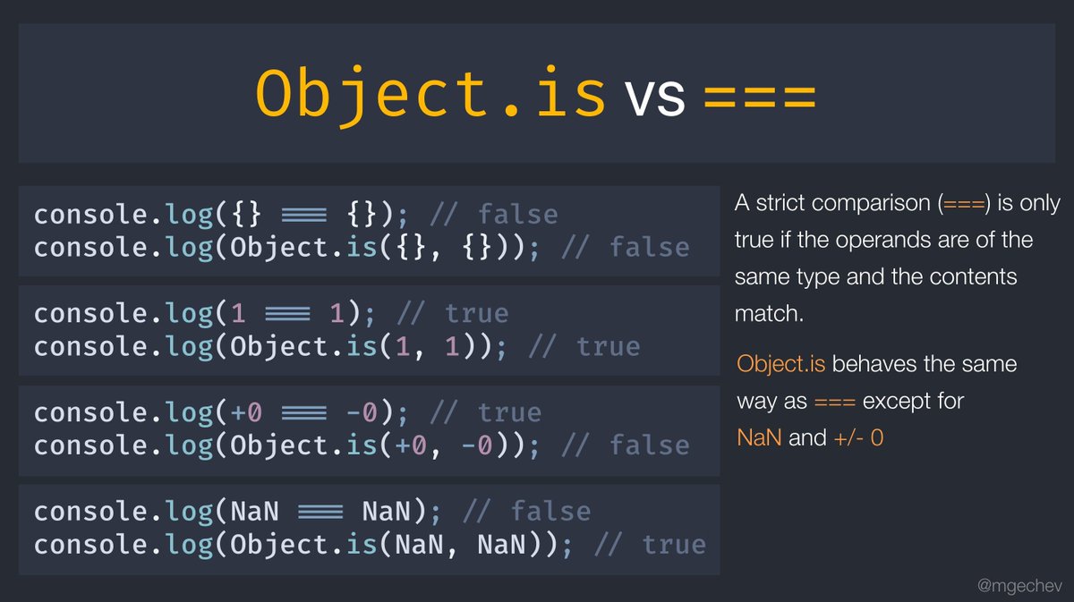 Tip: you can use Object.is instead of triple equal to get expected behavior for equality checks of NaN values and +/- 0.