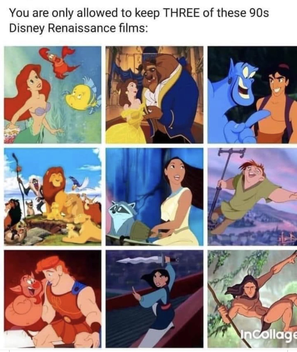 LordMeliodas_'s tweet image. This is actually really tough but if it’s me, I’m keeping Aladdin, Lion King, and Hercules

Really no wrong answer though. What y’all keeping?