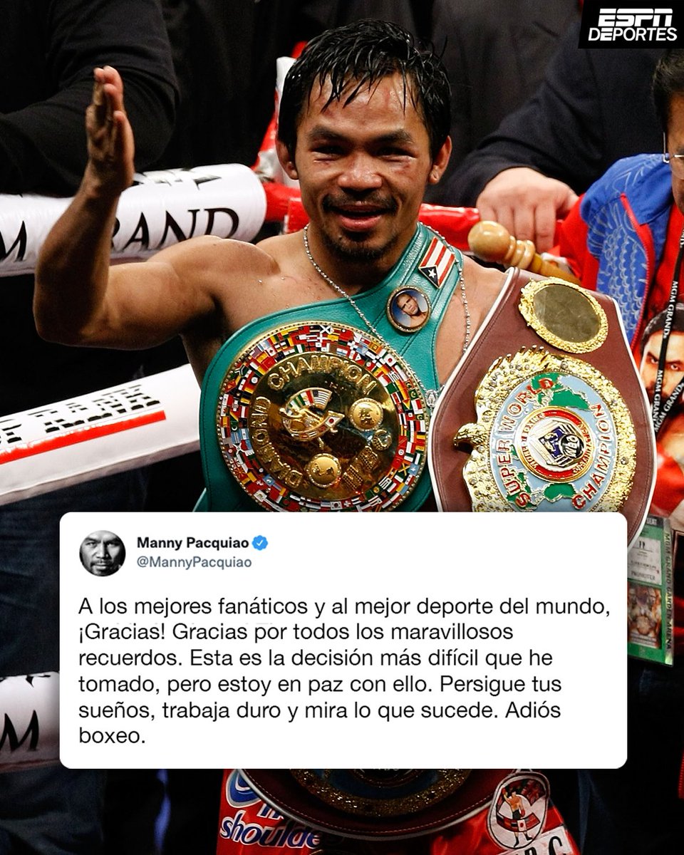 Una era termina en el boxeo, el retiro de Manny Pacquiao parece definitivo.  La leyenda filipina fue campeón en peso Mosca, Supergallo, Pluma,  Superpluma, Ligero, Superligero, Welter y Superwelter, se retira con, image size:960x1200