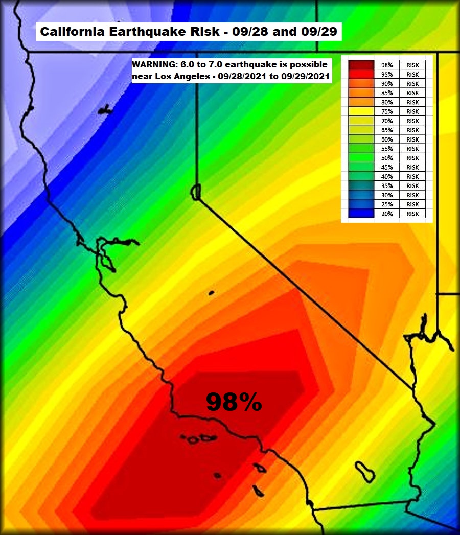 Quakeprediction's tweet photo. 12 HOUR WARNING: 6.7 to 7.2 earthquake is likely in the Los Angeles area - late on 09/28/2021 or 09/29/2021 - [most likely NW of Los Angeles] https://t.co/VMyuA1tYdu https://t.co/b9iHqmWdNd