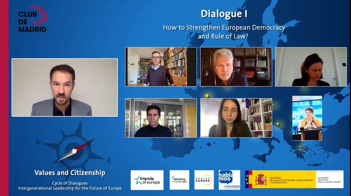 ClubdeMadrid's tweet photo. Here's our panel for today. We have @alexstubb, #AlexanderKwaśniewski, @Belen_Becerril, @DHierlemann, @juliaineurope, Tamsin Rose. 

And @KenLCG throws the question for our Members: What is the state of #Democracy? Is it as bad as it is often said? 

#ValuesCitizenship https://t.co/GcOSTuA8w4