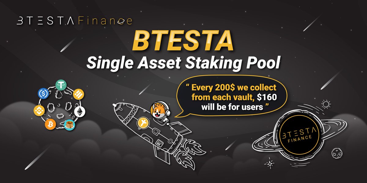 ⏳The reward of BNB, BTC, USDC, USDT, BUSD, and ETH is pending to be distributed on BTESTA staking pool here space.btesta.finance/stake-btesta

📍Every $200 we collect from each vault, $160 will be for users. For how to, check out btestafinance.gitbook.io/btesta-finance…

#BSCGems #BinanceSmartChain #BSC