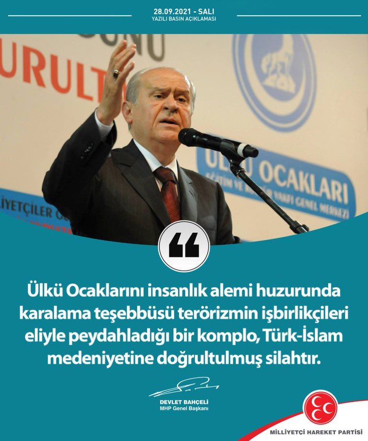 rasimacar's tweet photo. Ülkü Ocaklarını insanlık alemi huzurunda karalama teşebbüsü terörizmin işbirlikçileri eliyle peydahladığı bir komplo, Türk-İslam medeniyetine doğrultulmuş silahtır.

MHP Genel Başkanı
Devlet BAHÇELİ https://t.co/UpfuoVvhGn