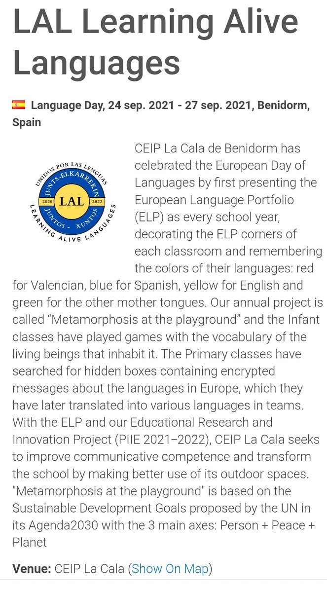 NievesSRozas's tweet photo. El CEIP @LaCalaEPlus de #Benidorm compartimos en la plataforma #DEL2021🇪🇺 nuestras actividades del #DíaEuropeoDeLasLenguas ¿Te gustan💛💙? Pues pásate y déjanos tu voto🙏🏻 https://t.co/B9EC0cqAmo #UnidosPorNuestrasLenguasLAL https://t.co/FgIJUSrlhR