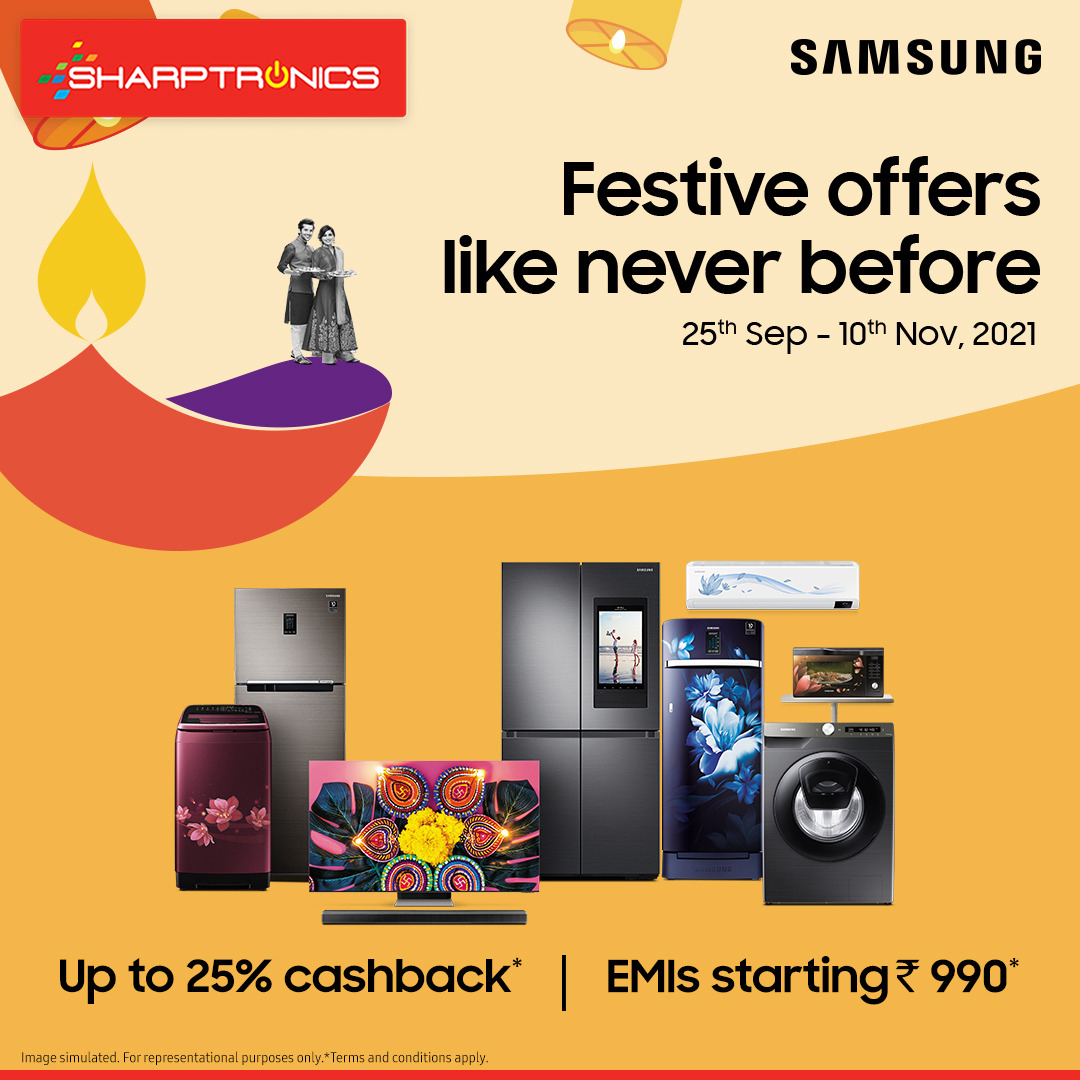 Sharptronics_'s tweet photo. As the festive season is inching closer @SamsungIndia launches its Home Like Never Before Offers, Get cashback up to 25% and EMIs starting as low as Rs. 990!
#samsung #homelikeneverbefore #diwalisale #samsungdiwali #diwalibonanza #sharptronics  #savebigwithsharptronics https://t.co/R2b6S4IWjn