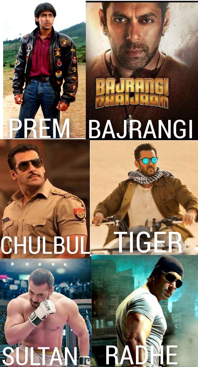Iconic characters played by Megastar @Beingsalmankhan.

| #Prem | #Bajrangi | #ChulbulPandey | #Sultan | #Tiger |#Radhe |

#SalmanKhan!