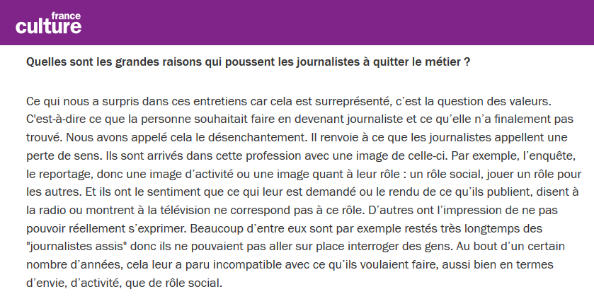 SylvainErnault's tweet photo. Jean-Marie Charon et Adénora Pigeolat publient un livre sur les journalistes qui ont quitté la profession. Chez les jeunes, la précarité et la perte de sens due à la superficialité des tâches confiées sont des causes fréquemment évoquées. Sans surprise...

https://t.co/ZohzsNvf7F https://t.co/CfA2cjK8cT