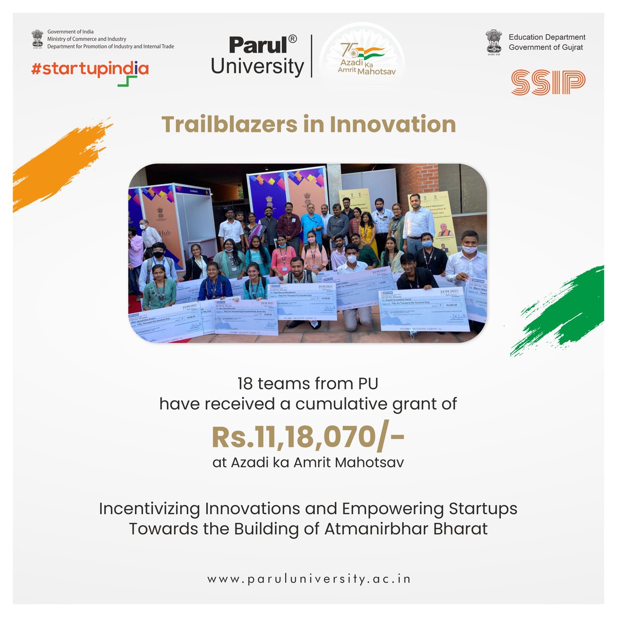 ParulUniversity's tweet photo. A whooping 18 innovator PU teams received grants through SSIP's M2M initiative at the recently held Azadi ka Amrit Mahotsav organized at the Knowledge Consortium of Gujarat and we could not be more proud. 😇

#InnovationandPU #azadikaamritmahotsav #ssip https://t.co/GhV68CPoWM