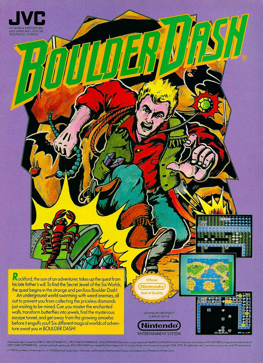 TakodanTweets's tweet photo. 1990 somewhat odd advert for 'Boulder Dash' by #FirstStarSoftware on #Nintendo #NES. Somehow, this action adventurer portrayed is not what I imagined BD to look like. The original release looked totally different. https://t.co/JfNiTs8kKy