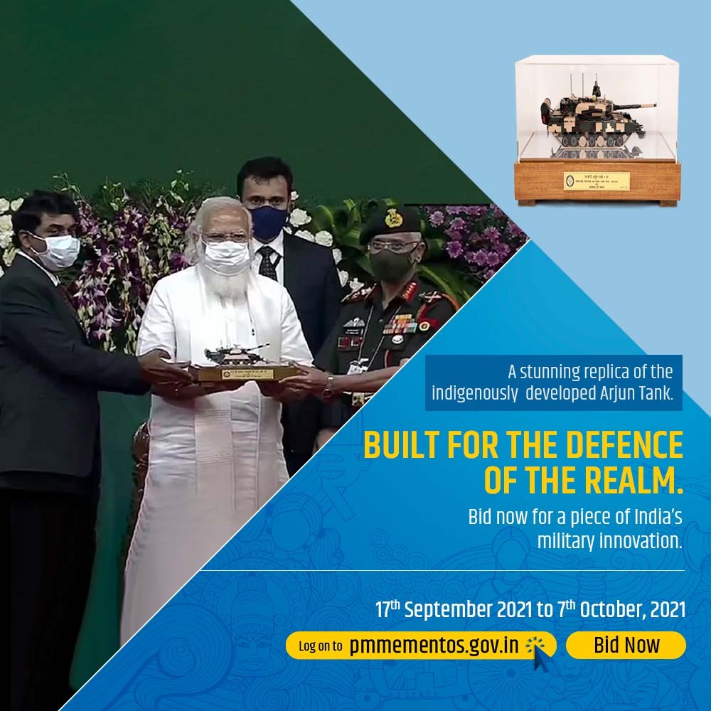 PIB_Patna's tweet image. पीएम मेमेंटो ई-ऑक्शन में बोली लगाकर आप पीएम मोदी को भेंट किया गया मेड इन इंडिया #अर्जुन_टैंक की एक शानदार प्रतिकृति लेकर गौरवान्वित क्षण का हिस्सा बनें।

pmmementos.gov.in पर अभी लॉग इन करें।

#PMMementoAuction
#ArjunTank