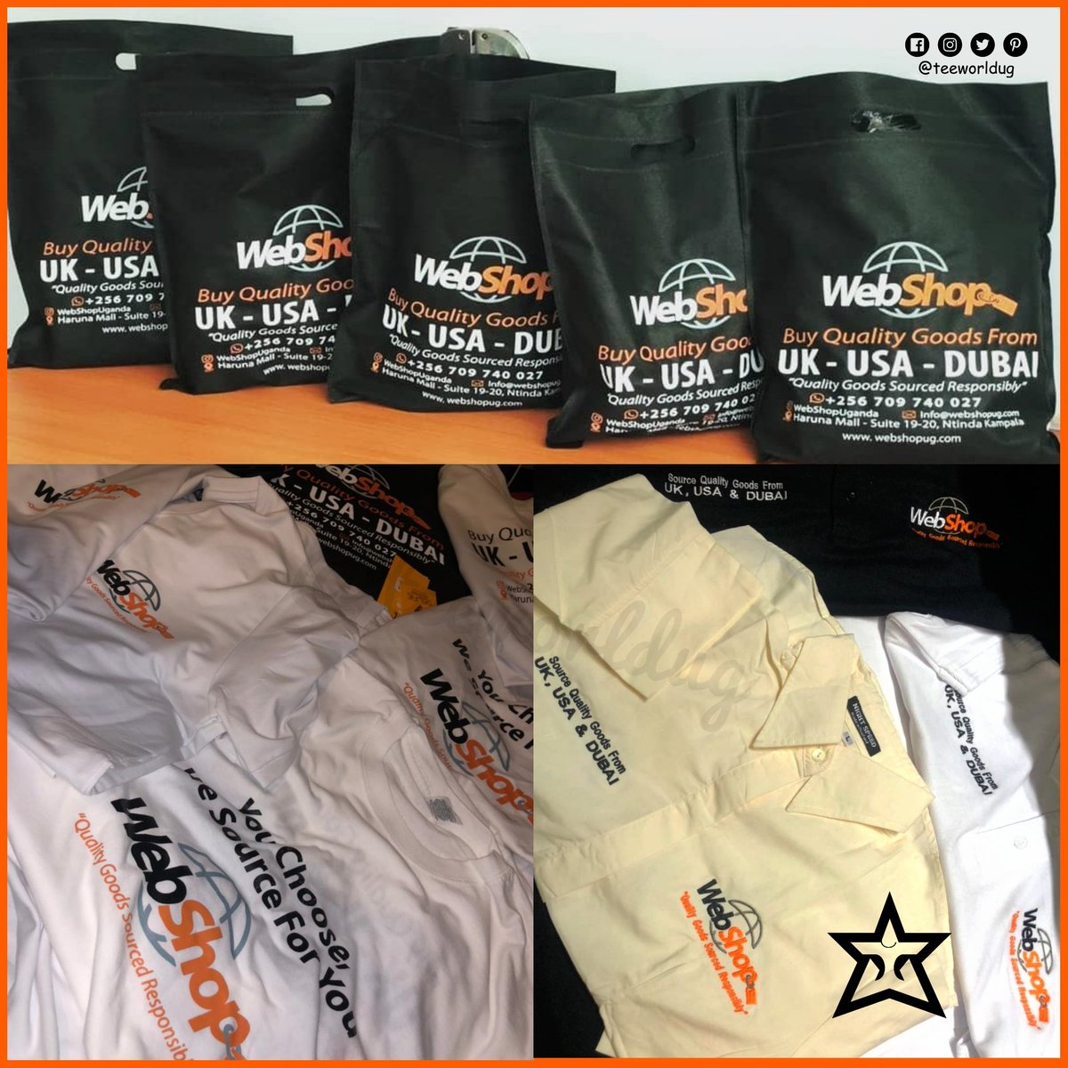 Teeworldug's tweet photo. Looking for quality sourced goods?,
You got a solution

Thanks @webshopuganda for trusting us.

For quality work, 
Booking your order, 
Enquiries. reach us on 👇🏾
 ☎️ +256 759049848
📧 teeworldug@gmail.com
#embroided #stitched #screenprinted #nonwovenbags #graphicsdesign #uniform https://t.co/6OH4mV4IRH