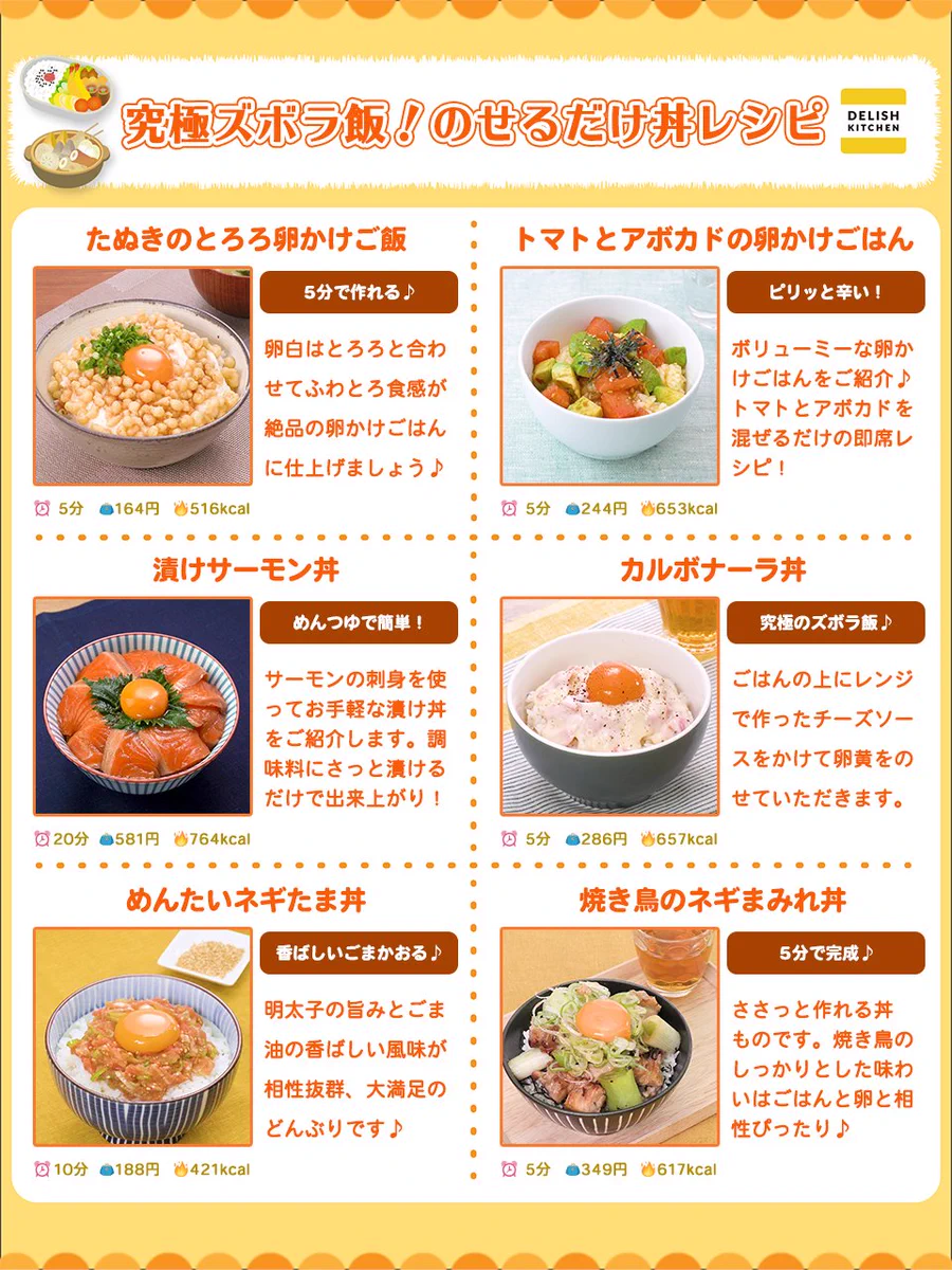 デリッシュキッチンで検索！『究極ズボラ飯！のせるだけ丼レシピまとめ』が参考になる！